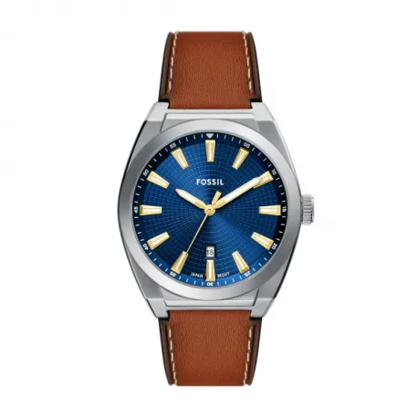 Reloj Fossil caja de acero y esfera azul con correa marron,